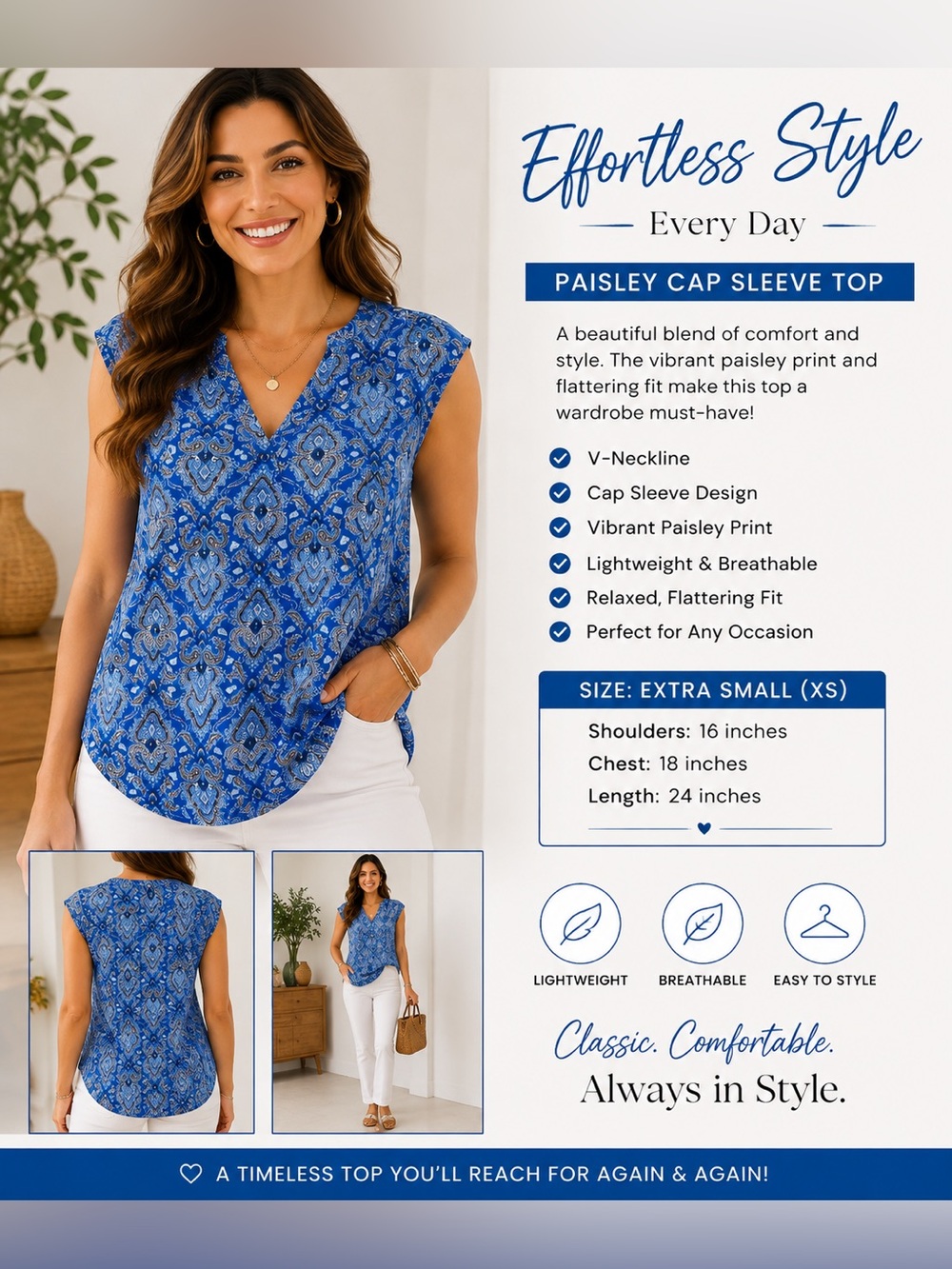 Artisan Ny Blue Paisley V-Neck Cap Sleeve Top